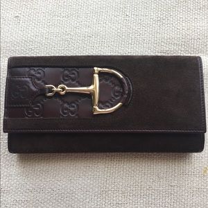 Gucci Dark Brown Suede & Embossed Leather Wallet with Gold Horsebit